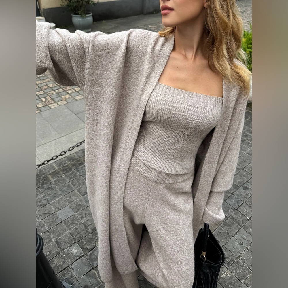 Commense Three-Piece Knit Bustier Cardigan Pants Set